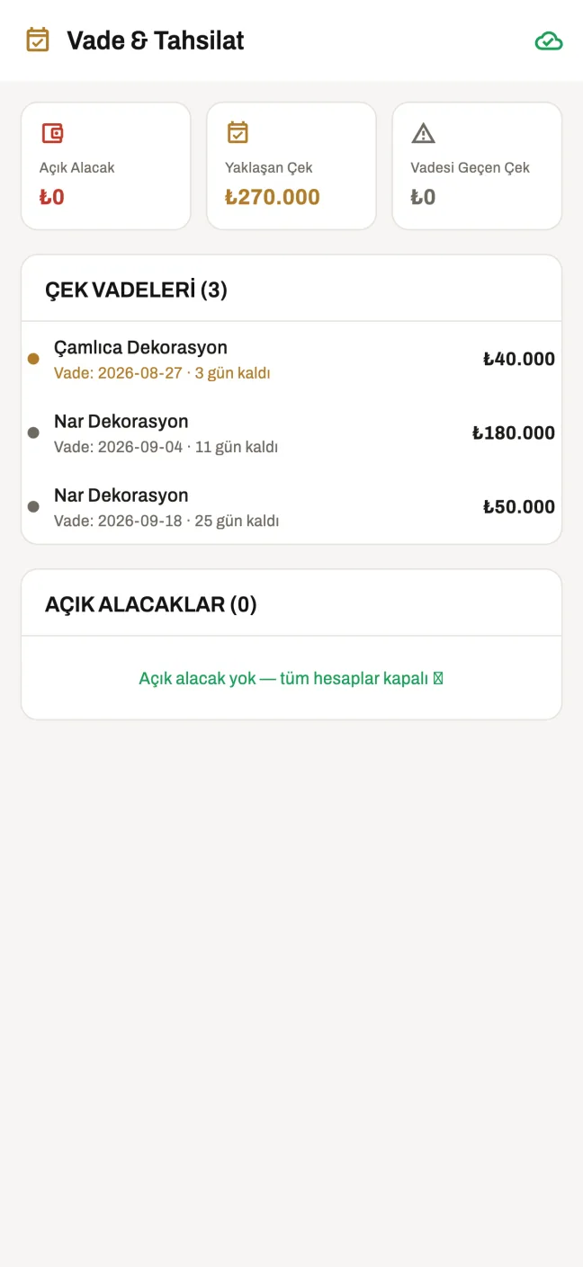 Tahsilat ekranı: ödeme kayıtları ve vade takibi